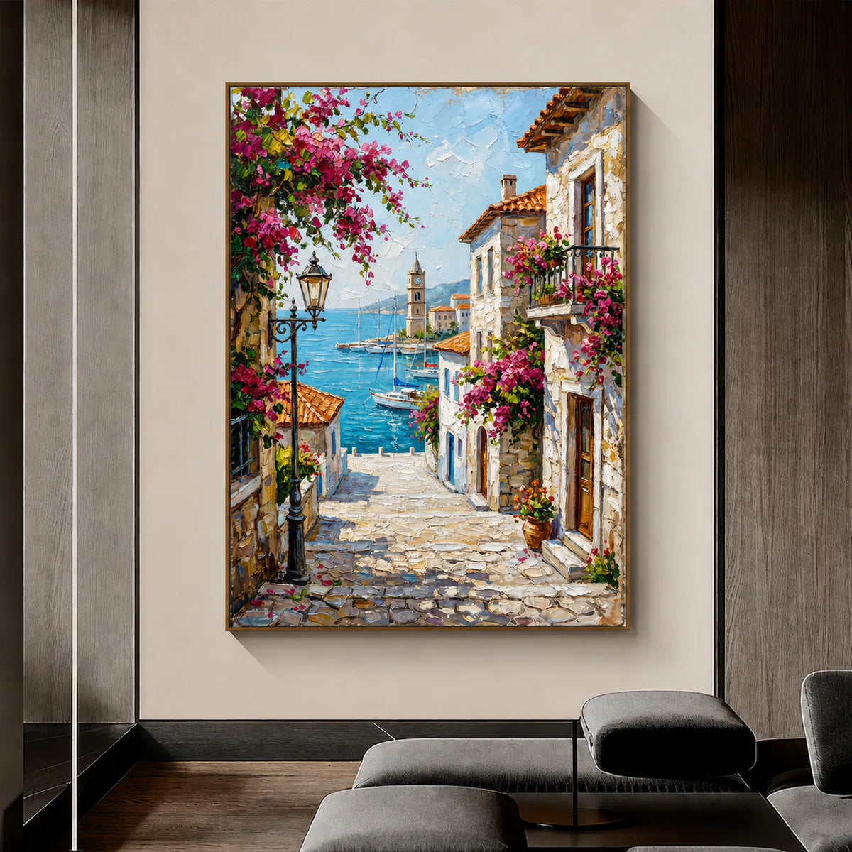 Bougainvillea Harbor Cityscape Wall Art styled interior scene 5 | Olyrel