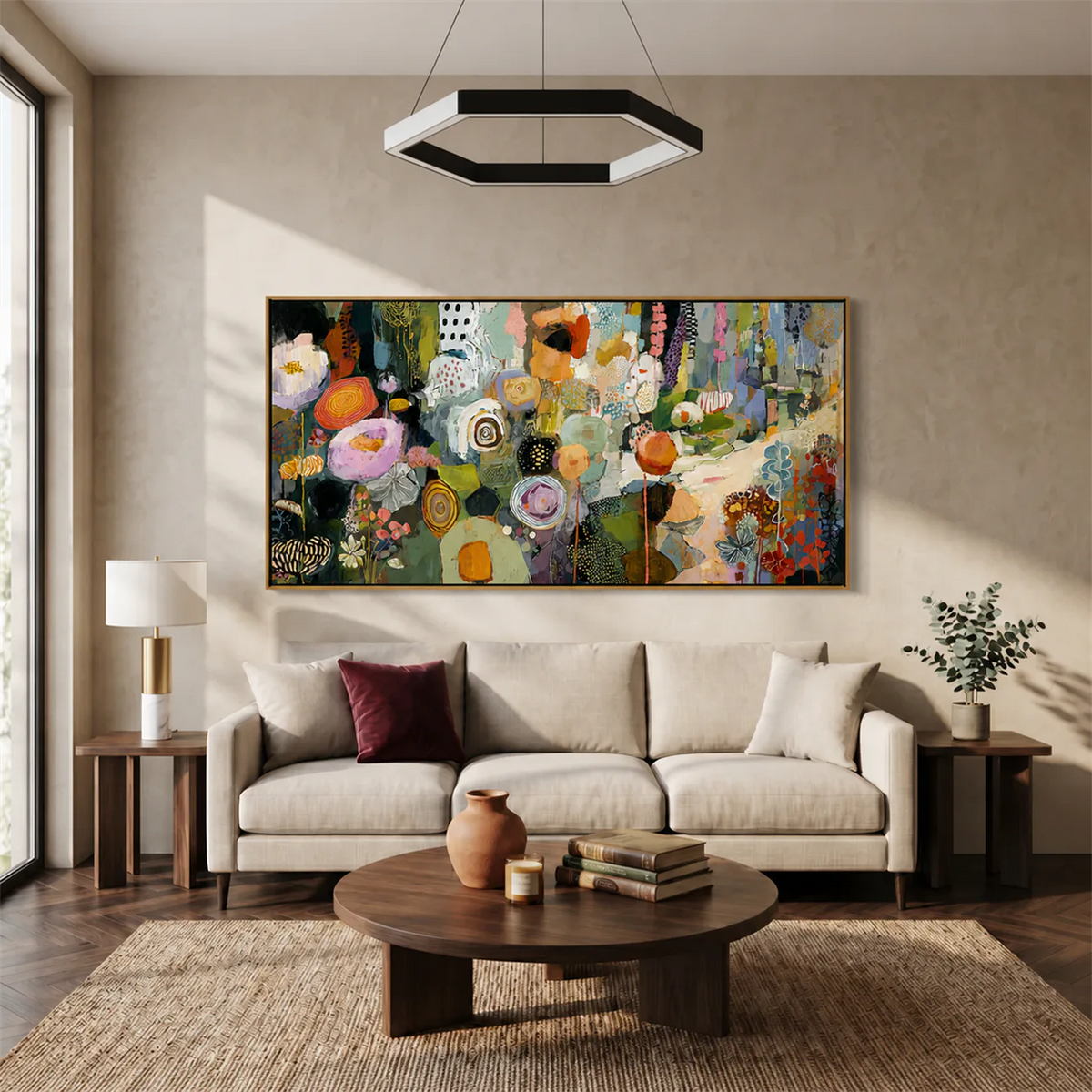 Garden Tapestry Panoramic Wall Art styled interior scene 2 | Olyrel