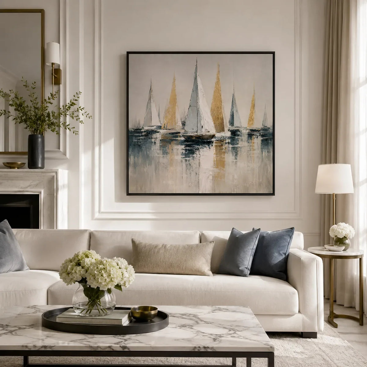 Golden Sails Ocean Wall Art displayed above a sofa in a neutral interior | Olyrel