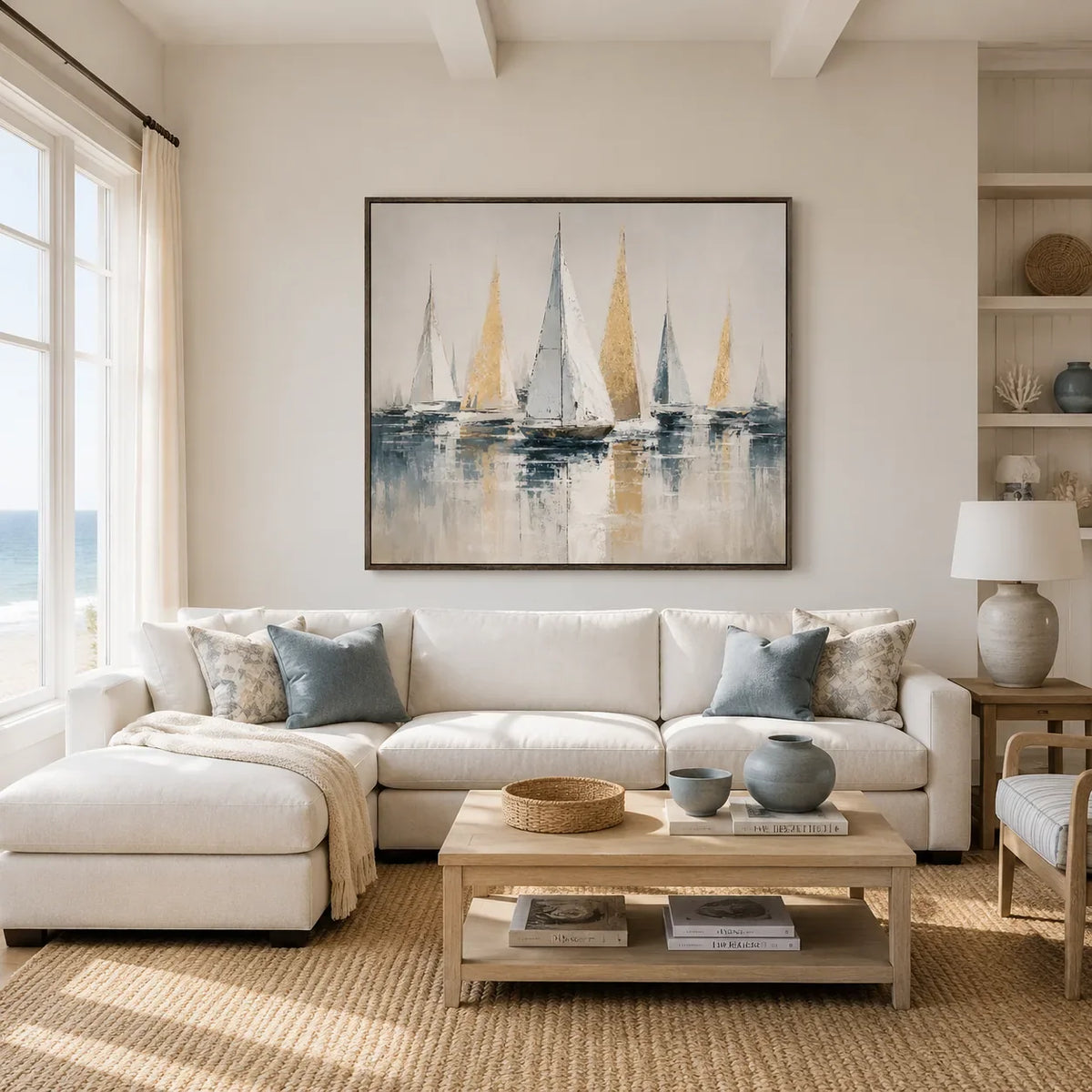 Golden Sails Ocean Wall Art shown in a calm bedroom setting | Olyrel