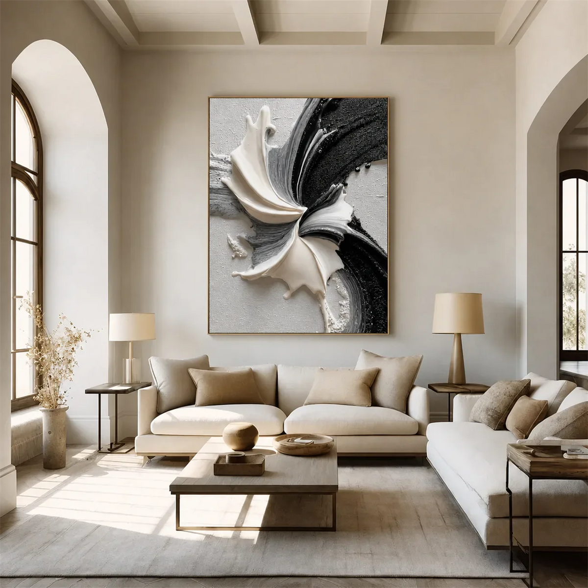 Monochrome Petal Flow Textured Wall Art styled interior scene 3 | Olyrel