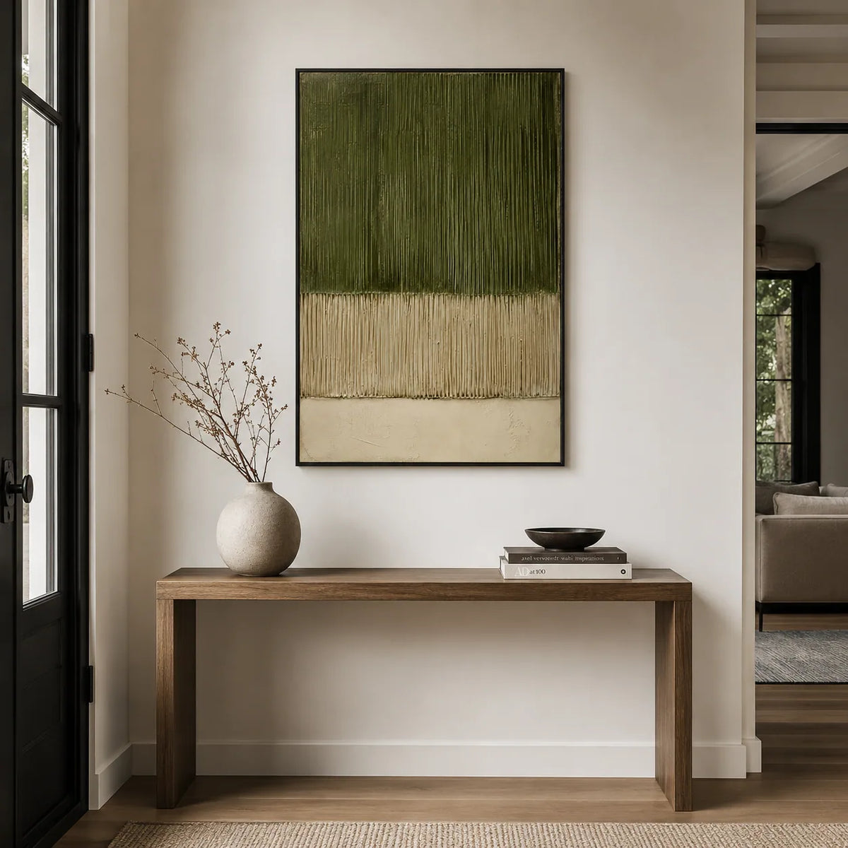 Olive Lines Textured Wall Art shown in a calm bedroom setting | Olyrel