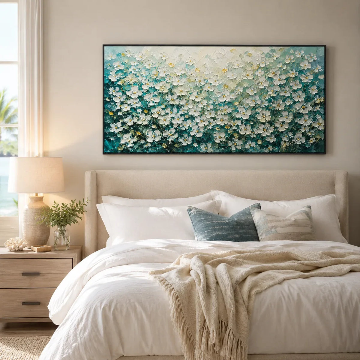 Turquoise Meadow Floral Wall Art shown in a calm bedroom setting | Olyrel