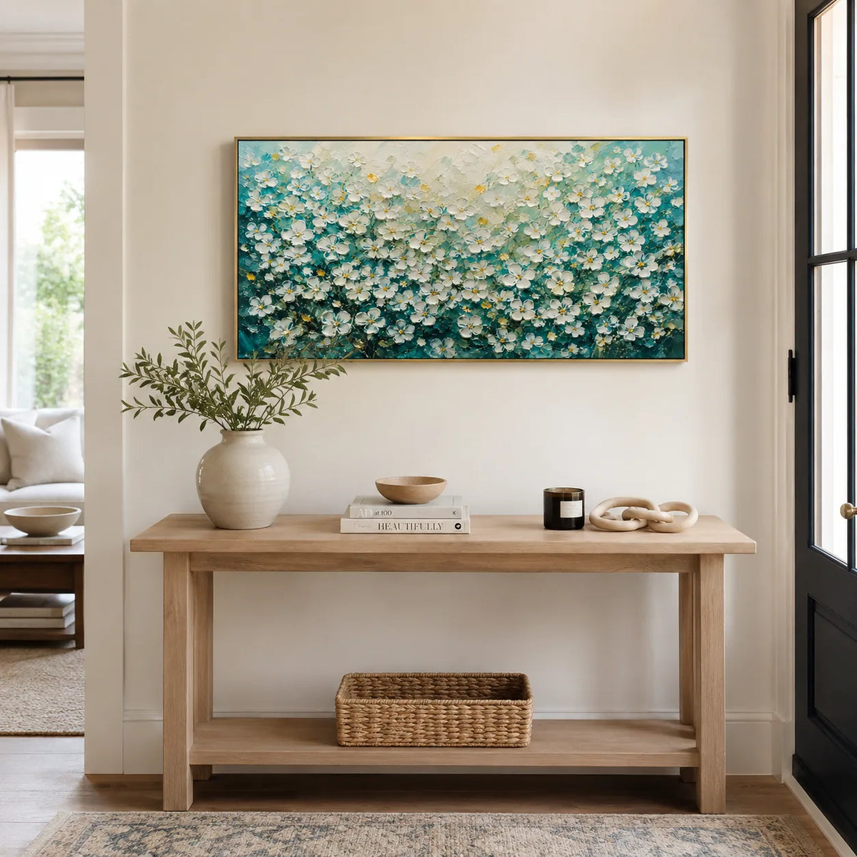 Turquoise Meadow Floral Wall Art styled in a contemporary entryway | Olyrel