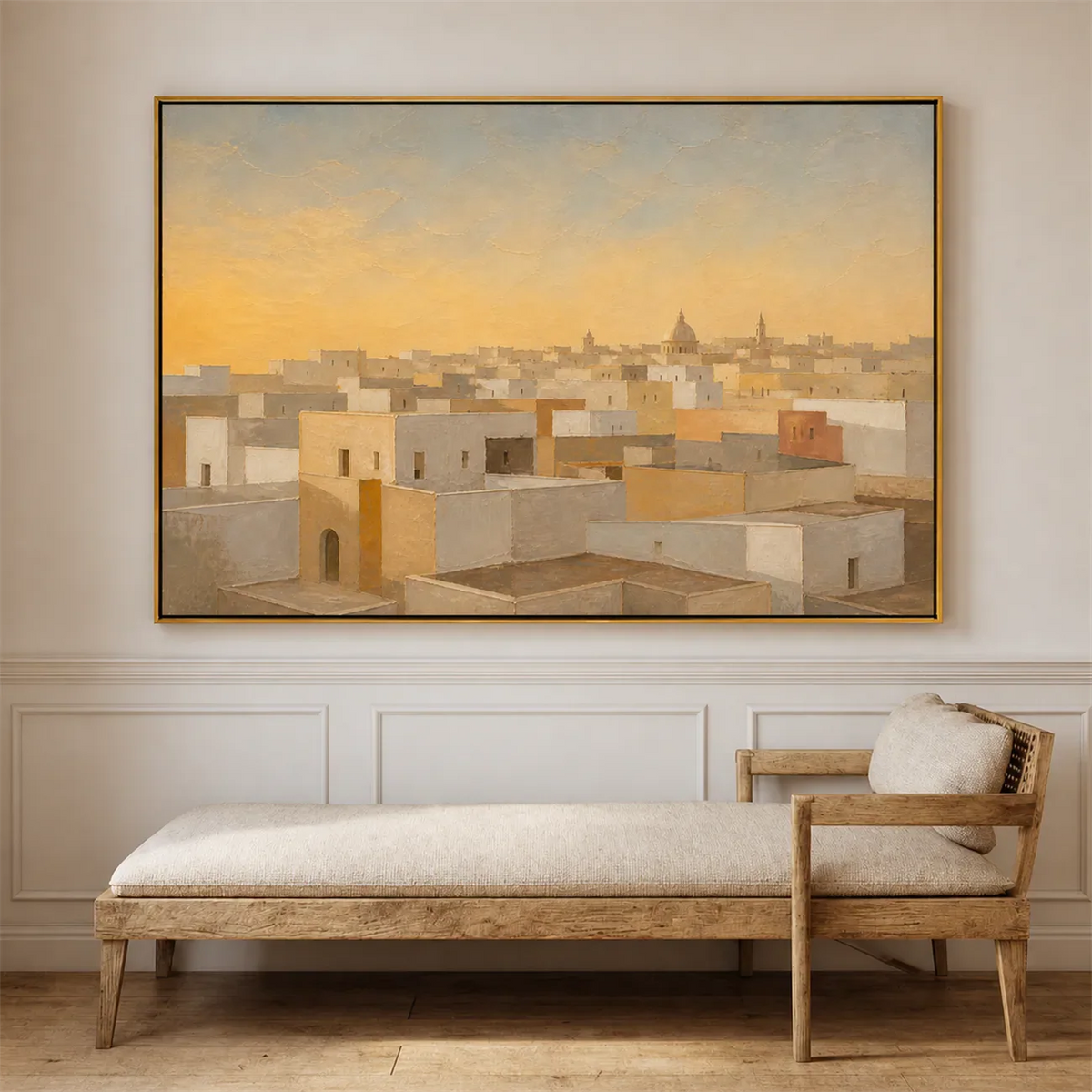 Sunlit Ivory Rooftops Wall Art styled interior scene 1 | Olyrel