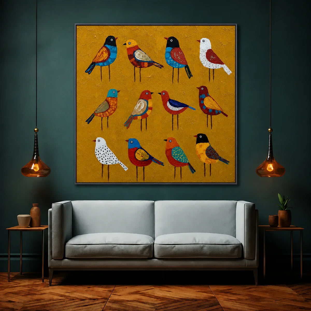 Golden Aviary Bird Wall Art styled interior scene 3 | Olyrel