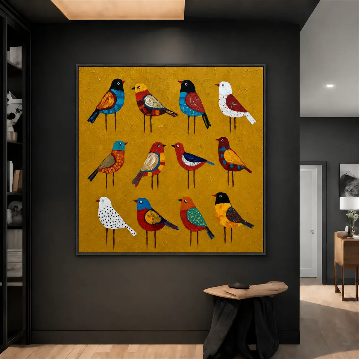 Golden Aviary Bird Wall Art styled interior scene 4 | Olyrel