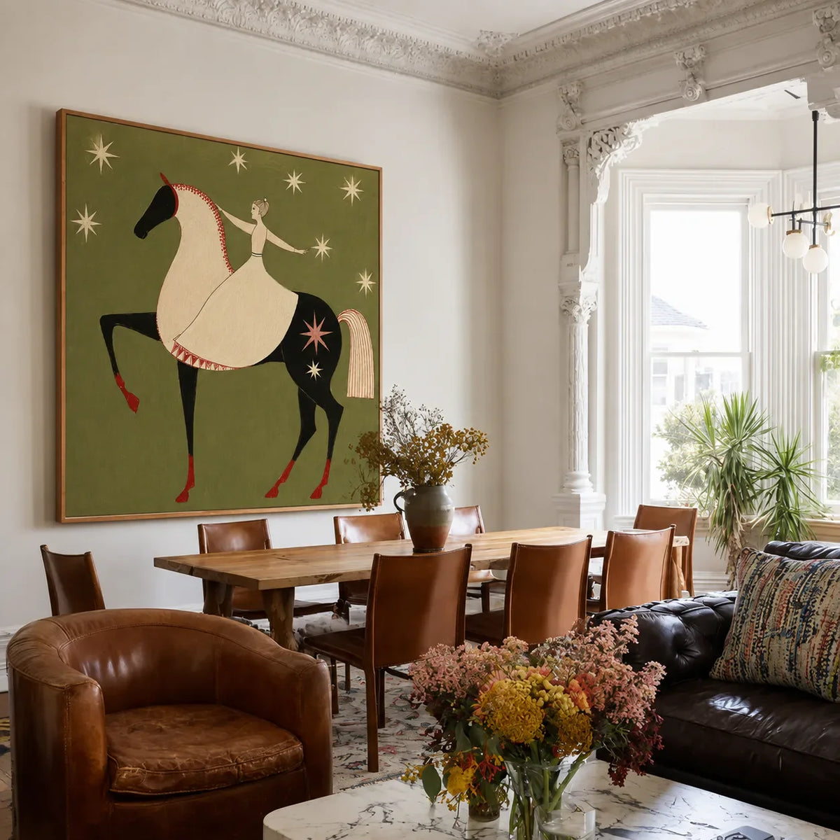 Celestial Rider Folk Horse Wall Art styled interior scene 1 | Olyrel