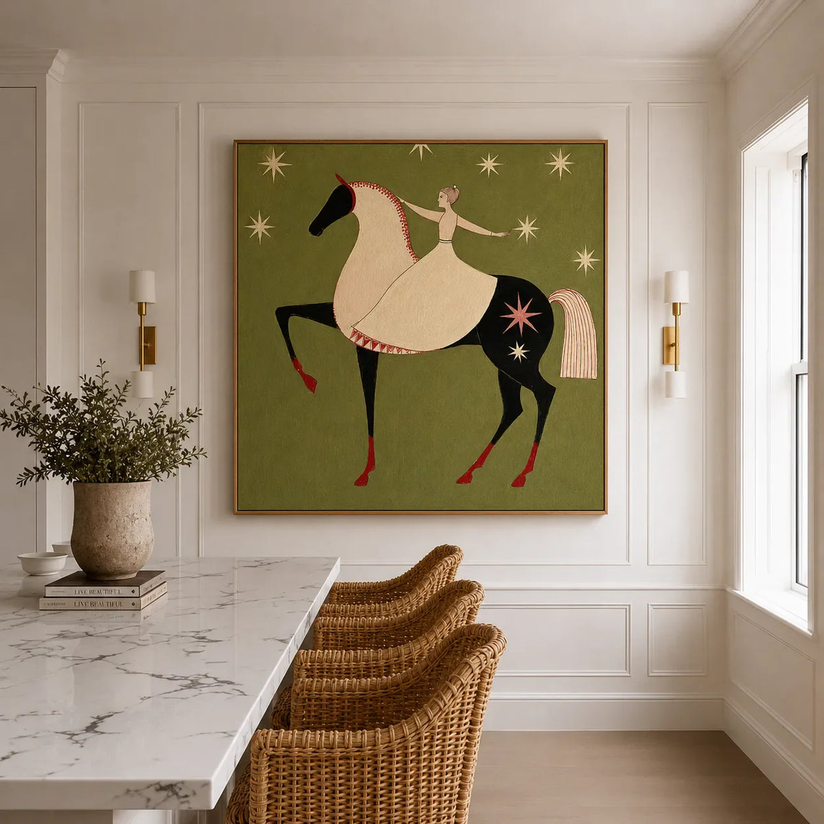 Celestial Rider Folk Horse Wall Art styled interior scene 4 | Olyrel
