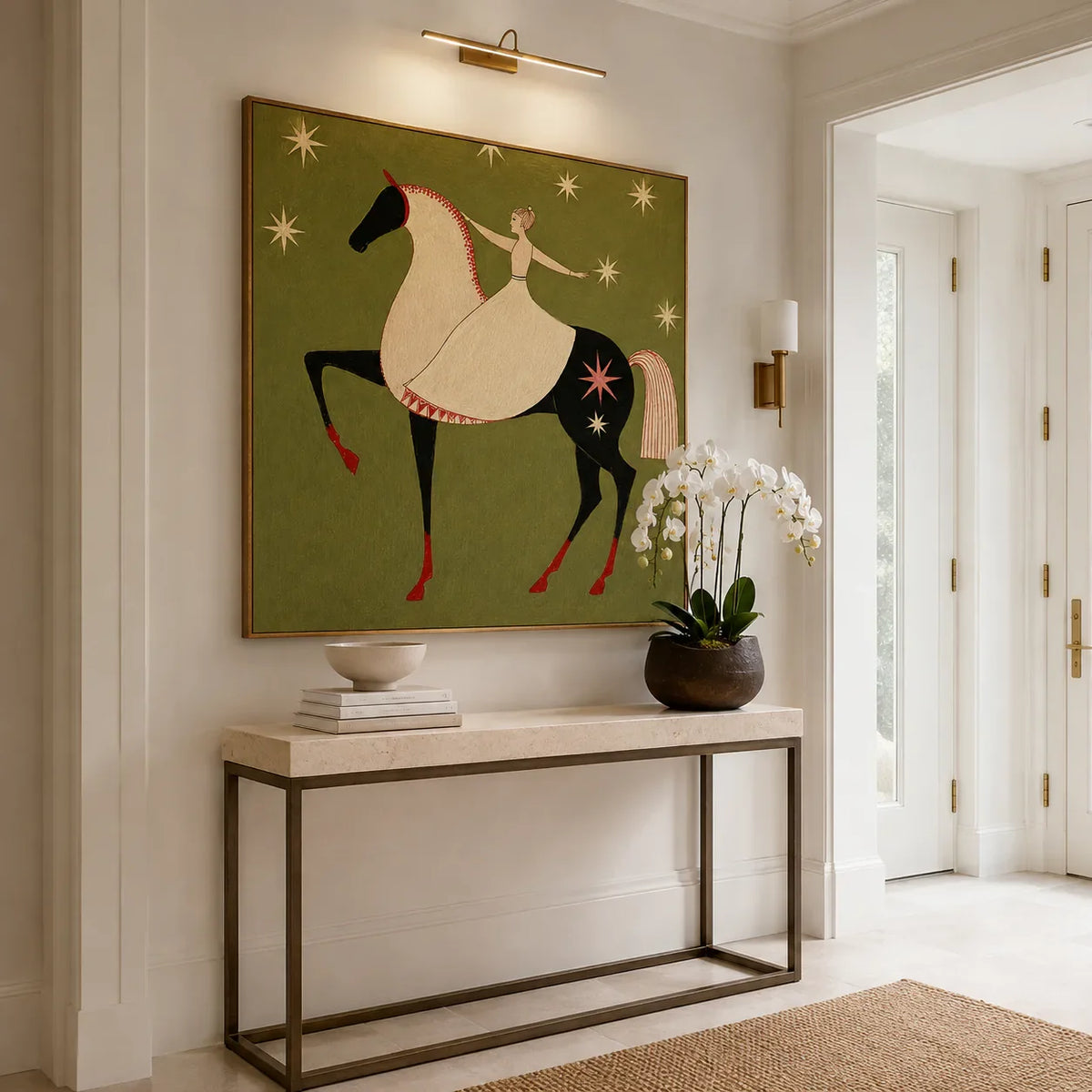 Celestial Rider Folk Horse Wall Art styled interior scene 5 | Olyrel