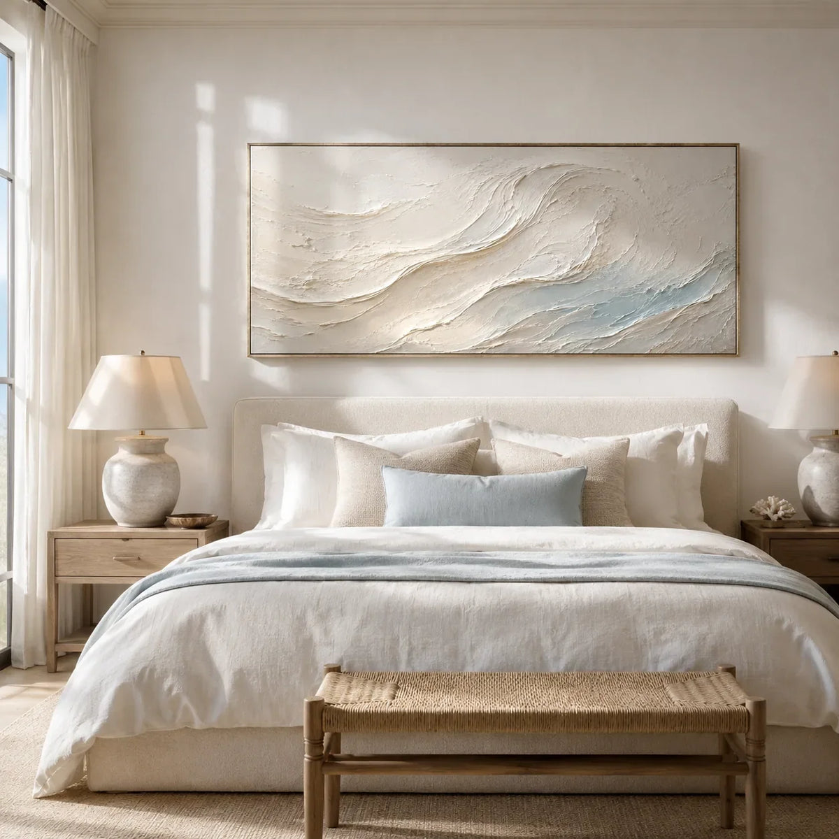 Seafoam Flow Textured Wall Art displayed above a sofa in a neutral interior | Olyrel