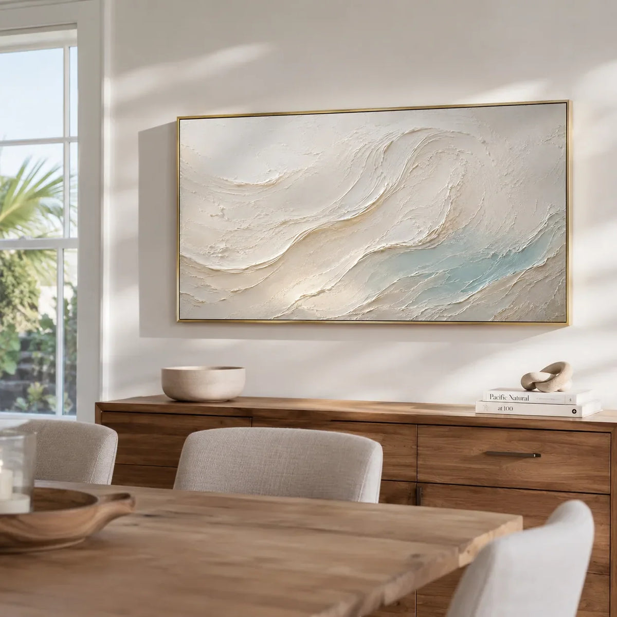 Seafoam Flow Textured Wall Art displayed in a bright dining room | Olyrel