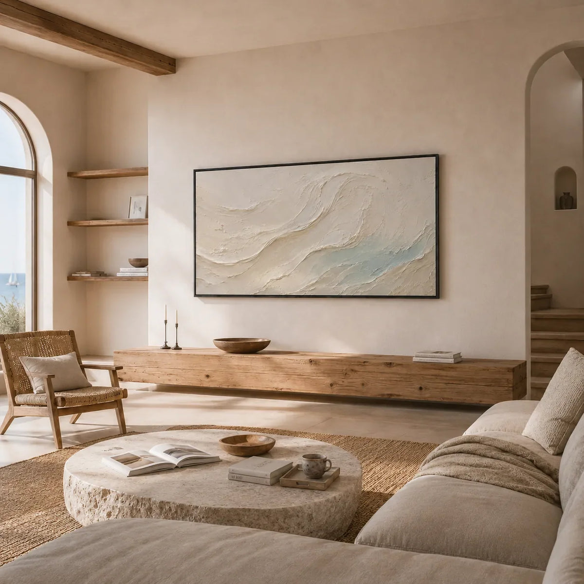 Seafoam Flow Textured Wall Art styled with minimal interior decor | Olyrel