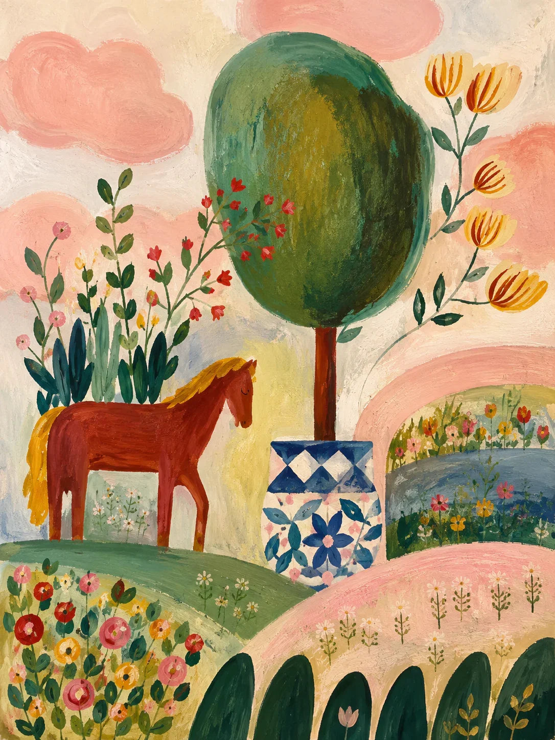 Enchanted Horse Garden Folk Wall Art artwork view | Olyrel