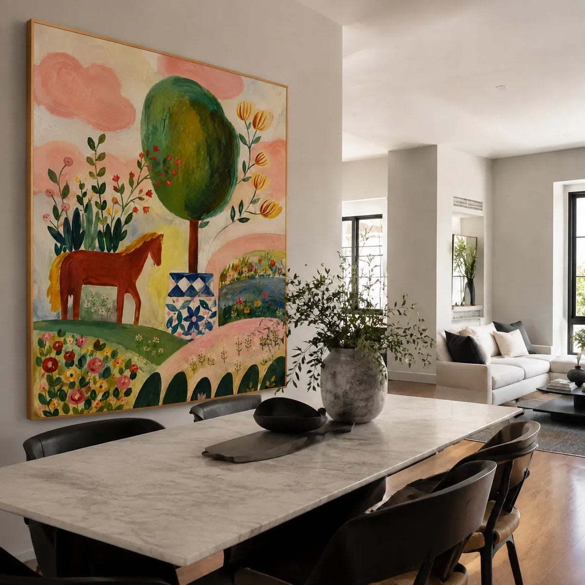 Enchanted Horse Garden Folk Wall Art styled interior scene 2 | Olyrel