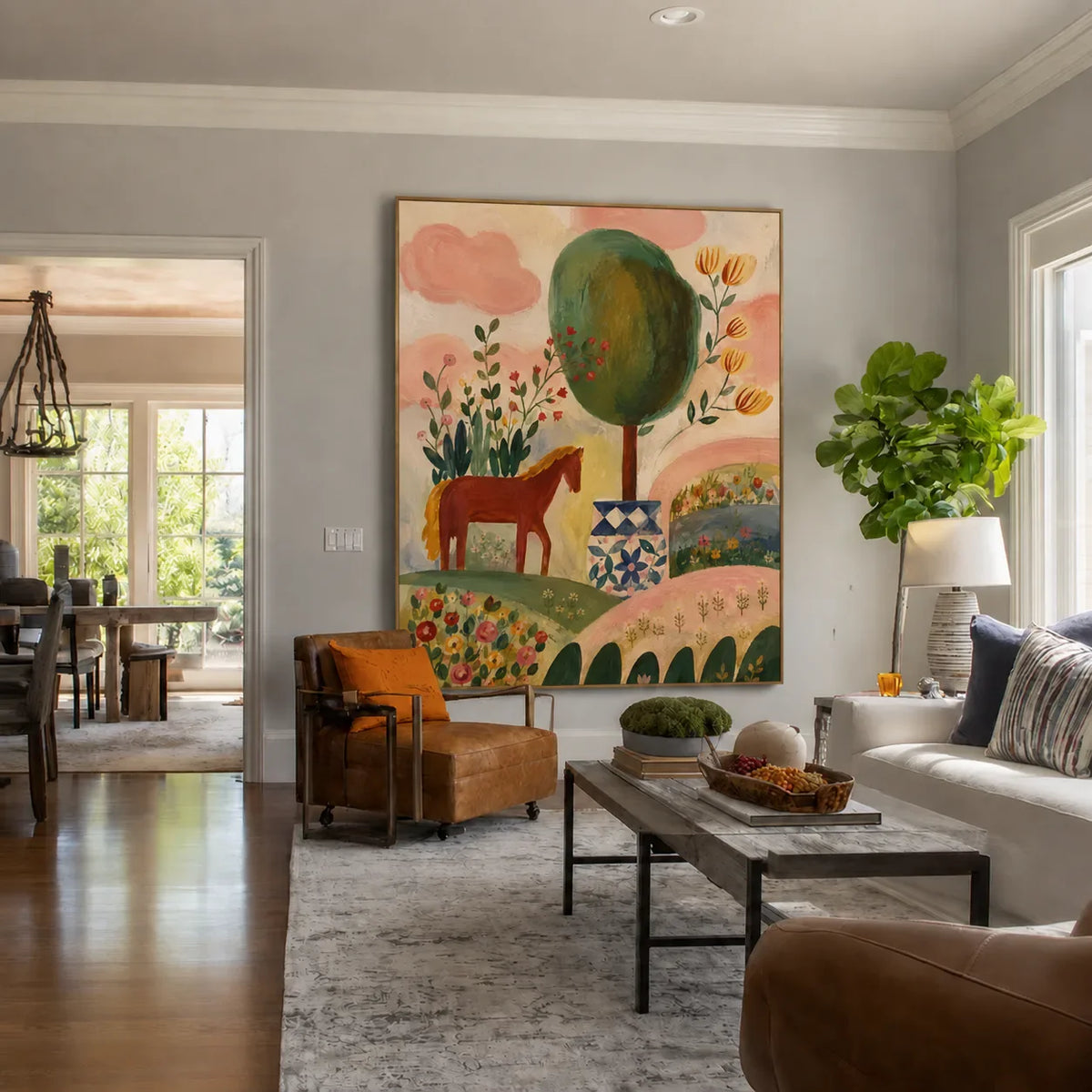 Enchanted Horse Garden Folk Wall Art styled interior scene 4 | Olyrel