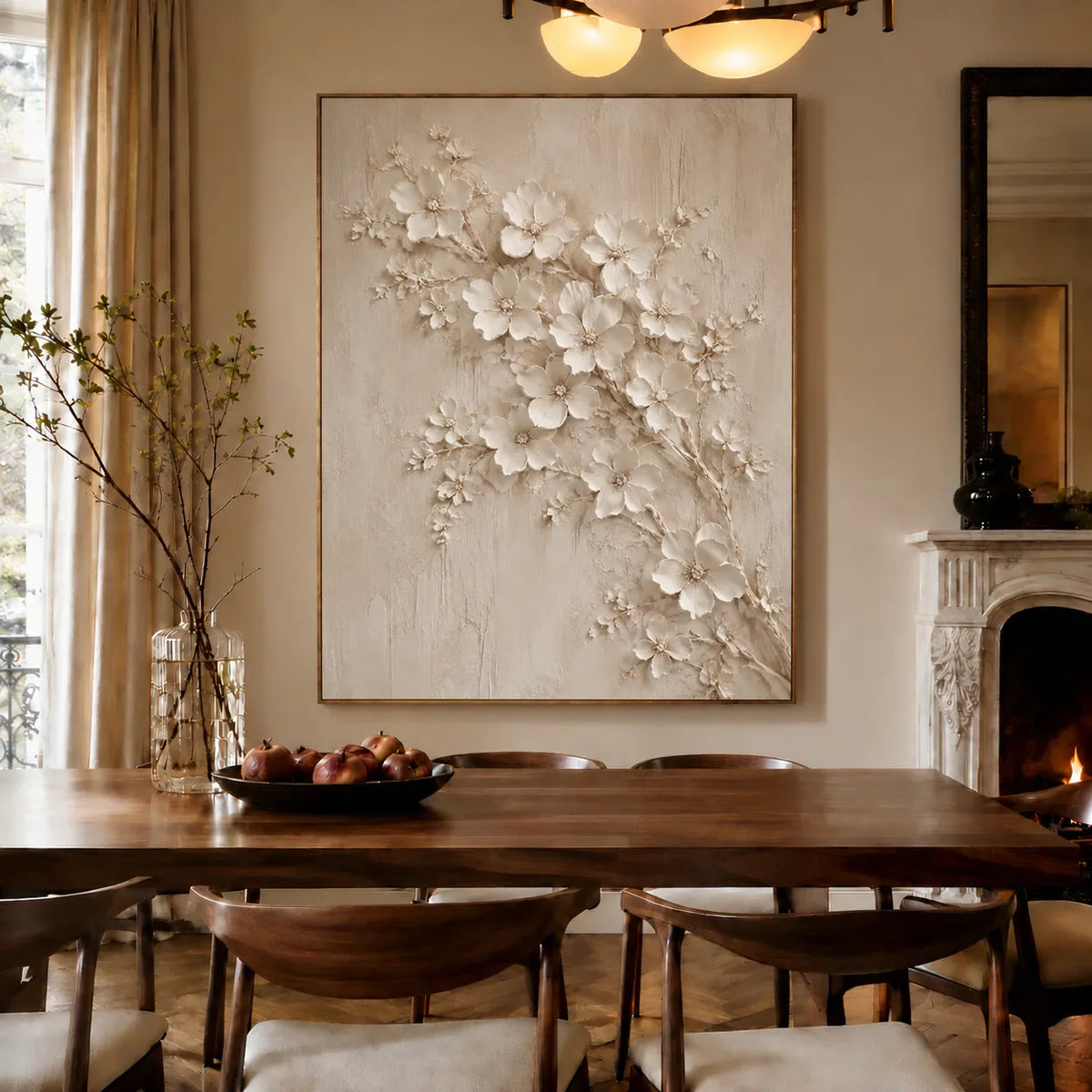 Ivory Blossom Branch Relief Wall Art styled interior scene 1 | Olyrel