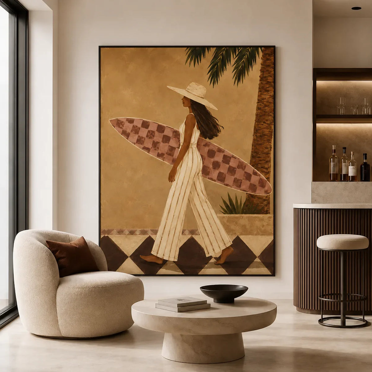 Golden Surf Stroll Figurative Wall Art styled interior scene 3 | Olyrel