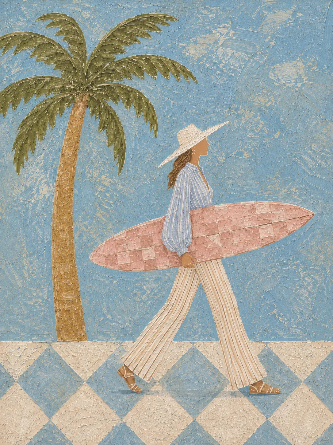 Blue Palm Surf Stroll Textured Wall Art artwork view | Olyrel