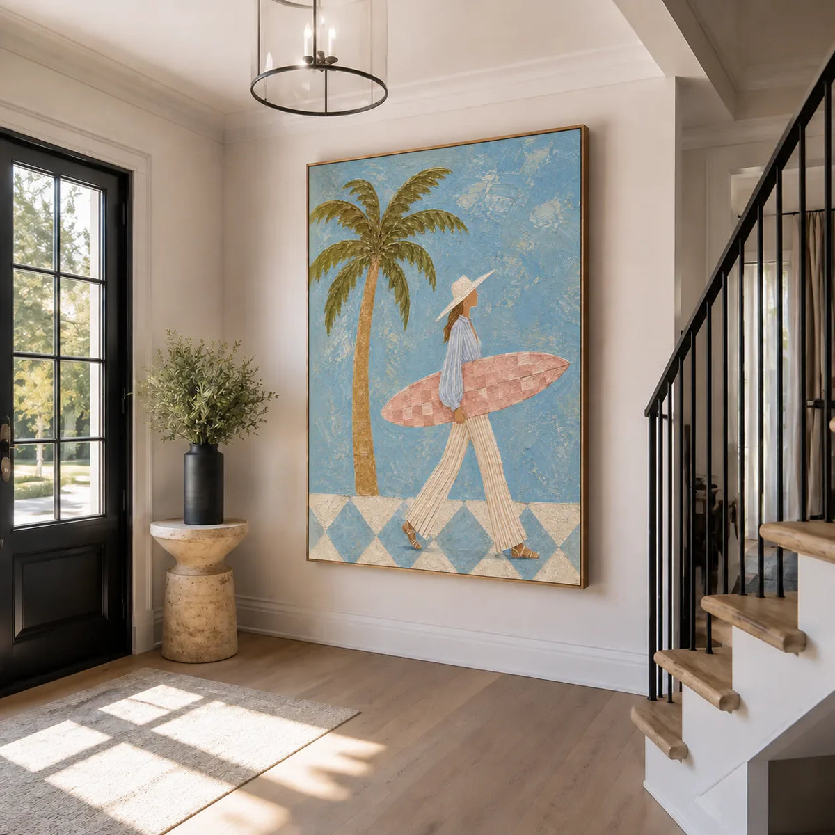 Blue Palm Surf Stroll Textured Wall Art styled interior scene 1 | Olyrel