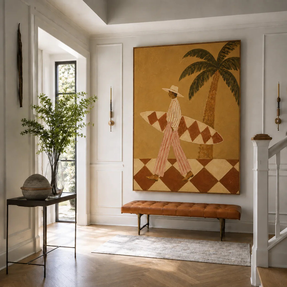 Golden Palm Surfer Figurative Wall Art styled interior scene 1 | Olyrel