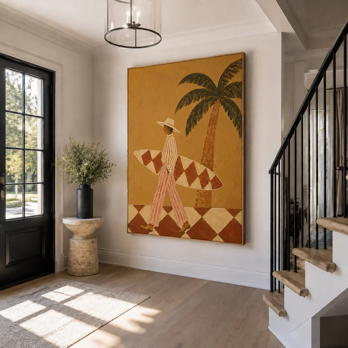 Golden Palm Surfer Figurative Wall Art styled interior scene 3 | Olyrel