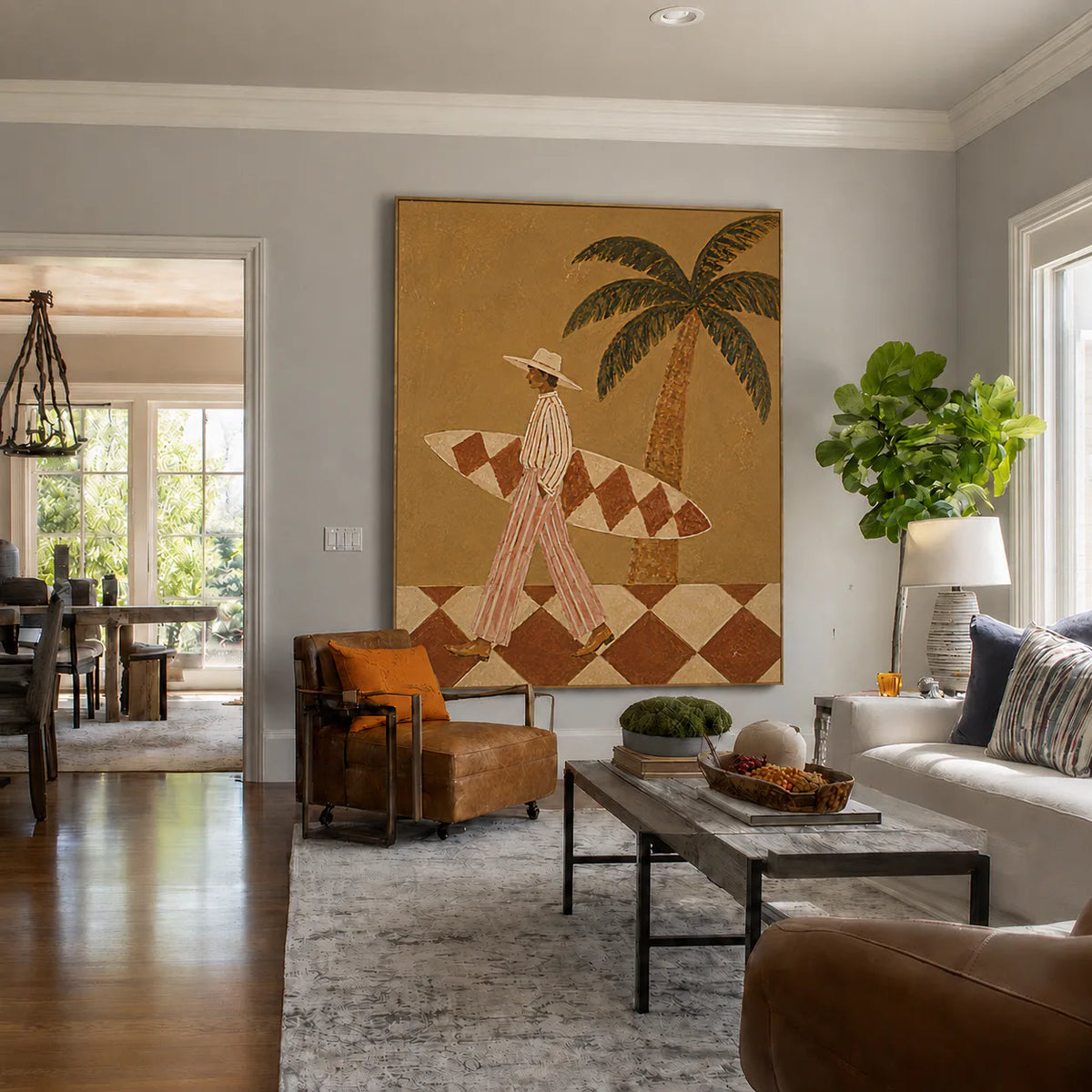 Golden Palm Surfer Figurative Wall Art styled interior scene 4 | Olyrel
