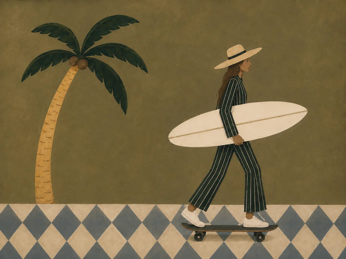 Olive Palm Skateboard Surfer Wall Art artwork view | Olyrel