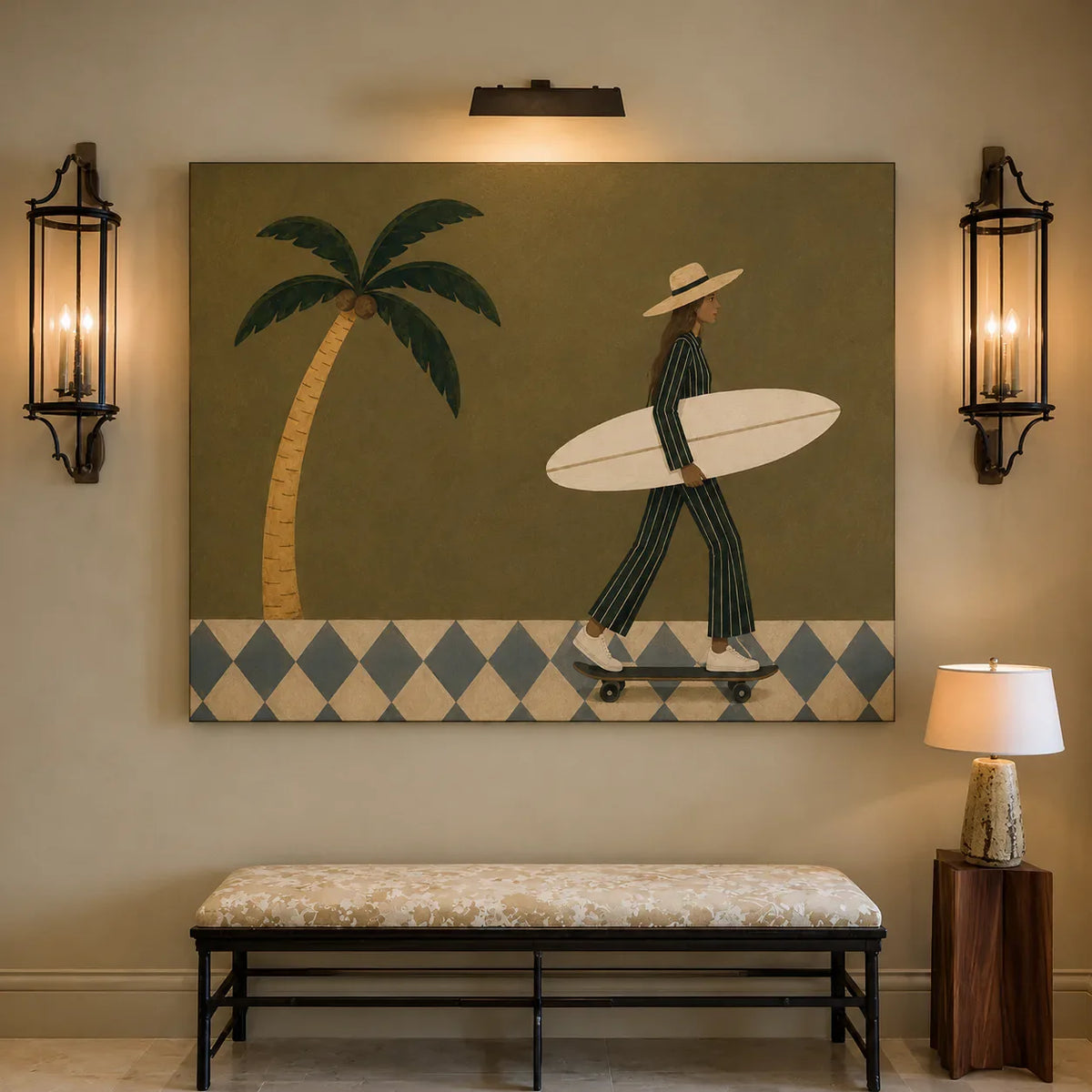 Olive Palm Skateboard Surfer Wall Art styled interior scene 1 | Olyrel