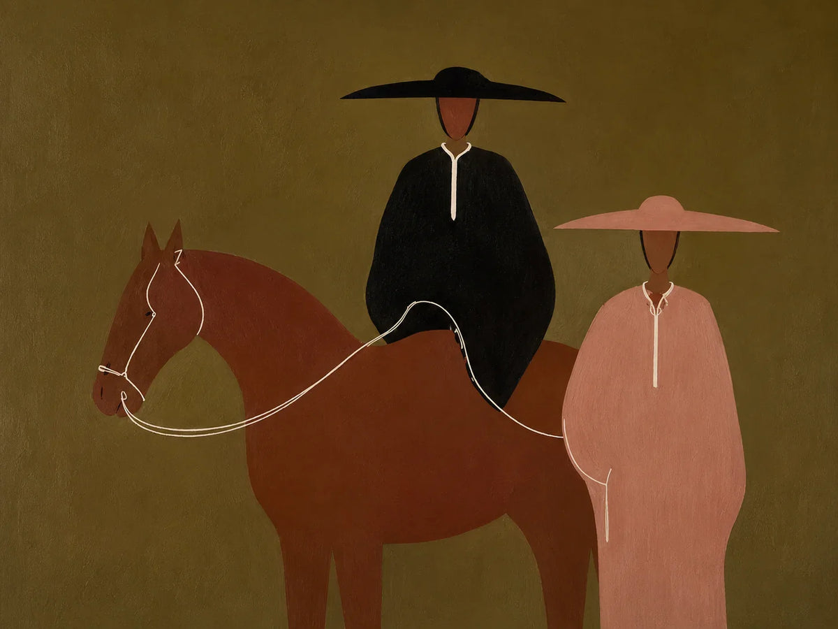 Olive Horse Riders Folk Wall Art artwork view | Olyrel