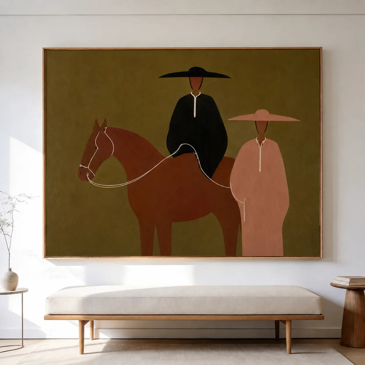 Olive Horse Riders Folk Wall Art styled interior scene 3 | Olyrel
