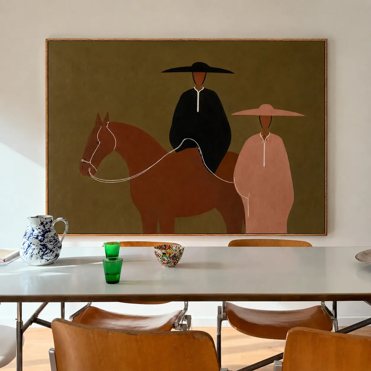 Olive Horse Riders Folk Wall Art styled interior scene 4 | Olyrel