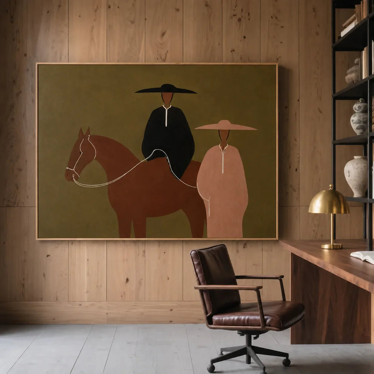 Olive Horse Riders Folk Wall Art styled interior scene 5 | Olyrel