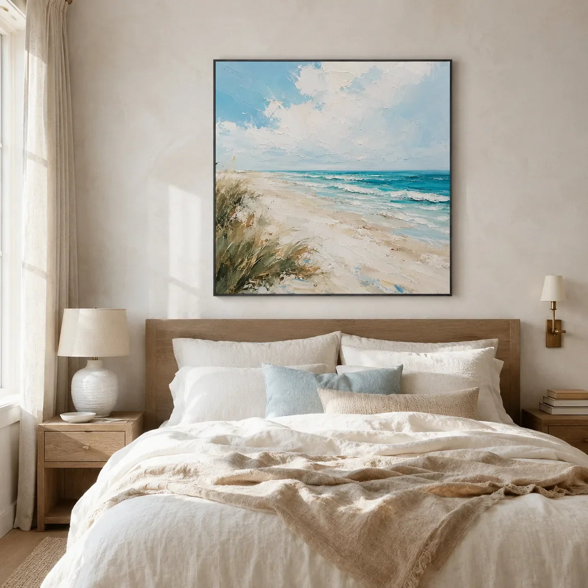 Shoreline Breeze Coastal Wall Art styled in a modern living room | Olyrel