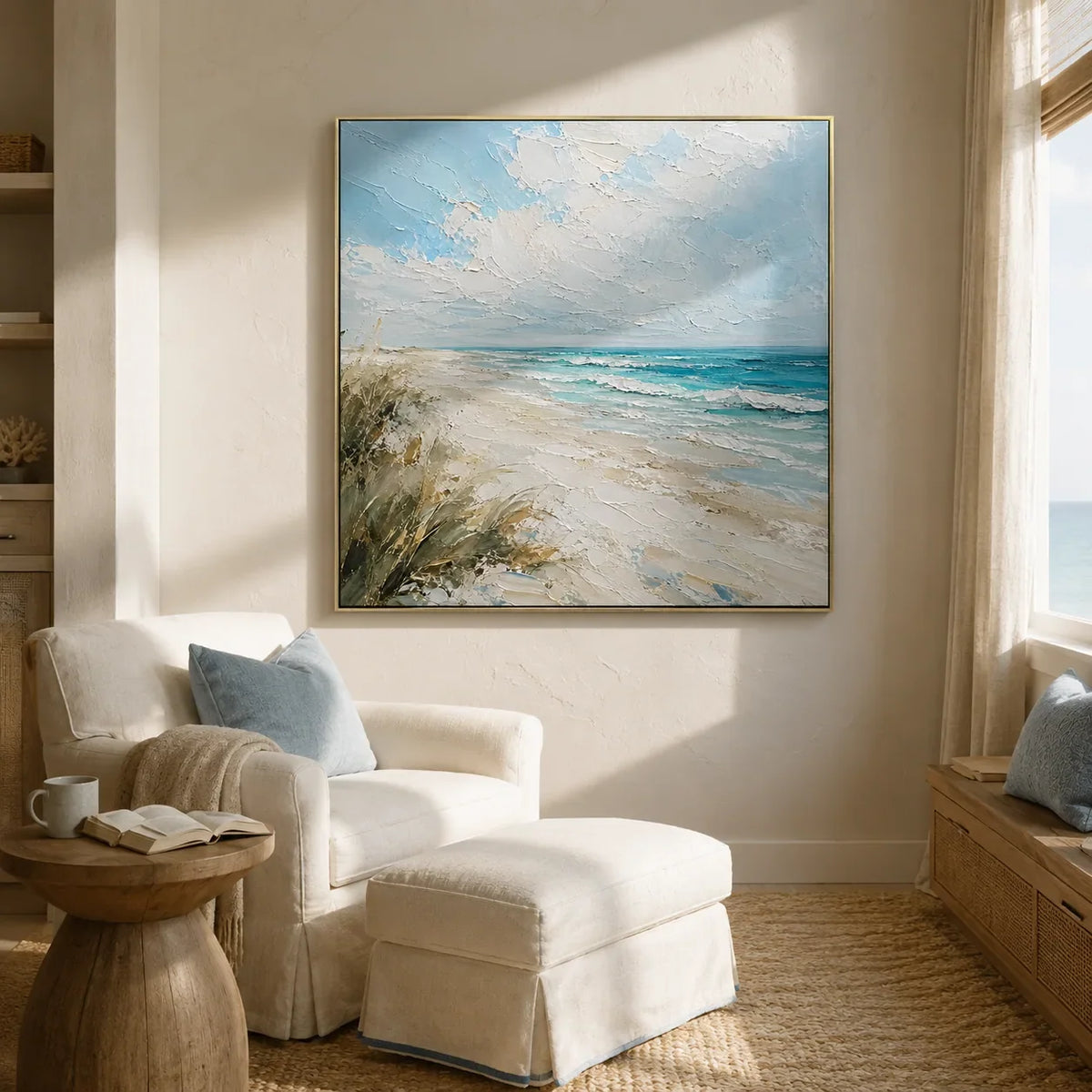 Shoreline Breeze Coastal Wall Art displayed above a sofa in a neutral interior | Olyrel