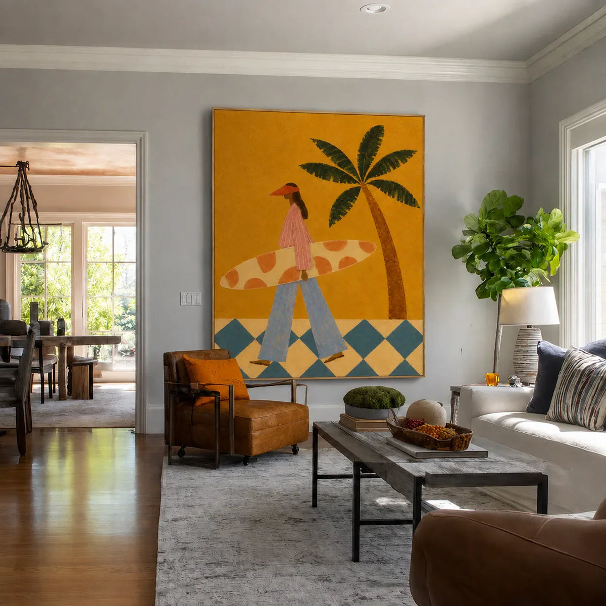 Golden Coast Surfer Figurative Wall Art styled interior scene 2 | Olyrel