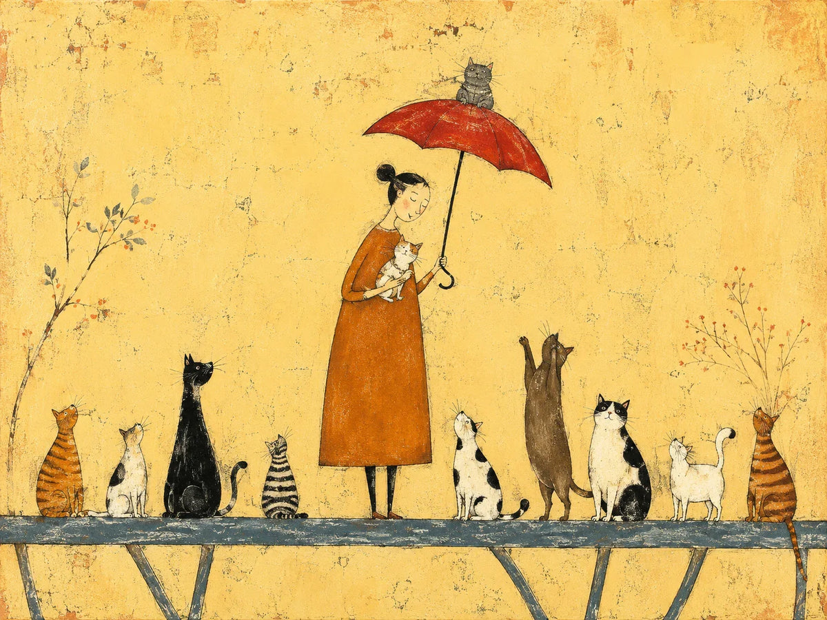 Cat Parade Under Red Umbrella Wall Art artwork view | Olyrel