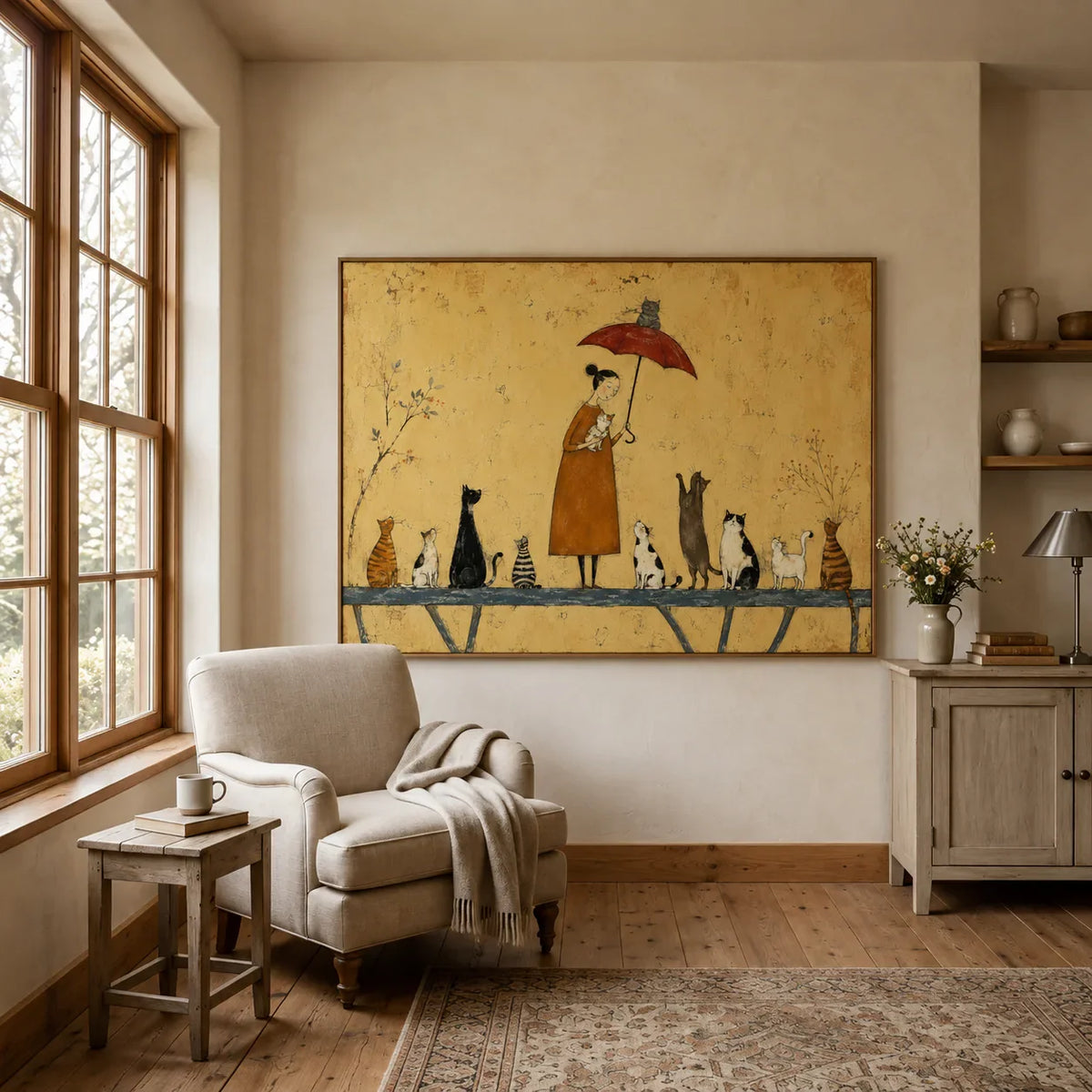 Cat Parade Under Red Umbrella Wall Art styled interior scene 2 | Olyrel