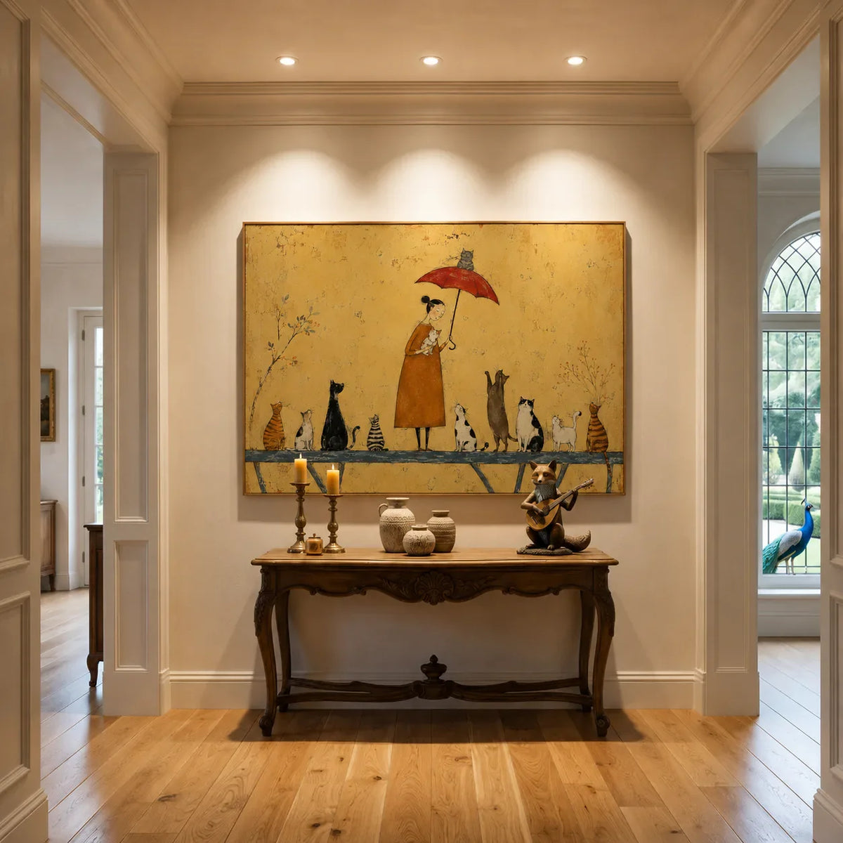 Cat Parade Under Red Umbrella Wall Art styled interior scene 5 | Olyrel