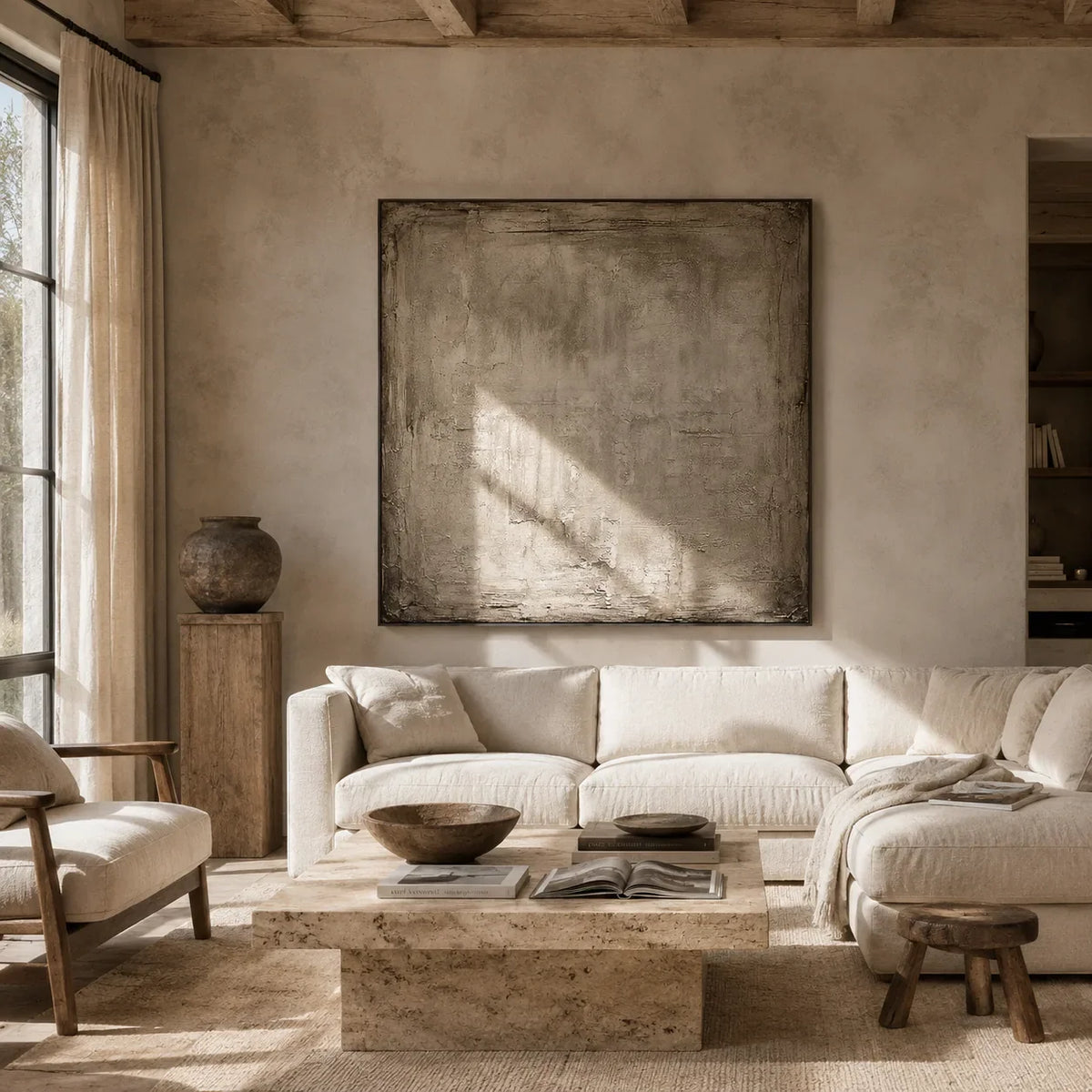 Weathered Plaster Textured Wall Art styled in a modern living room | Olyrel