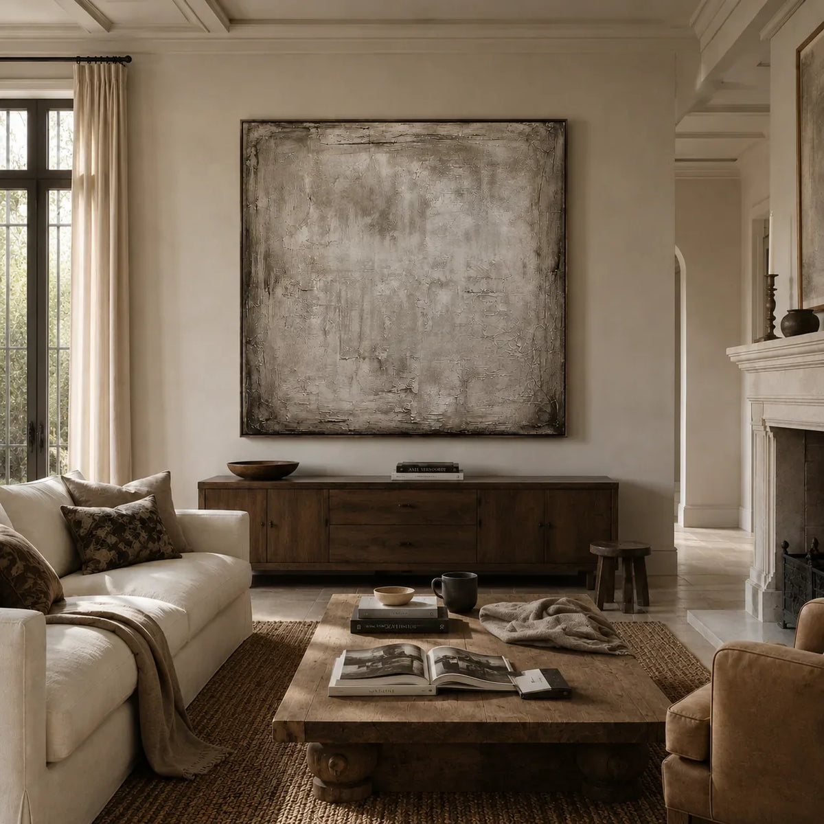 Weathered Plaster Textured Wall Art shown in a quiet home office | Olyrel