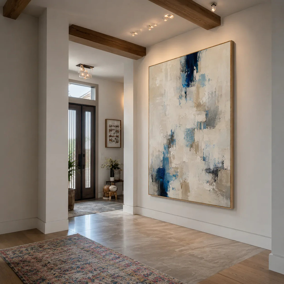 Coastal Blue White Abstract Textured Wall Art styled interior scene 2 | Olyrel