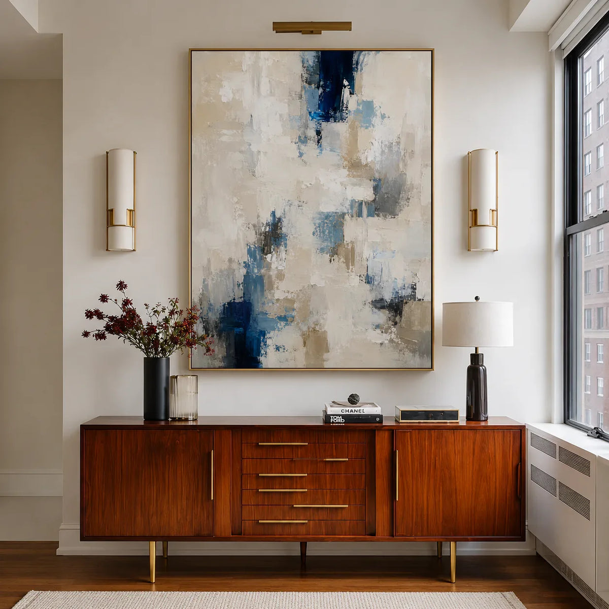 Coastal Blue White Abstract Textured Wall Art styled interior scene 5 | Olyrel