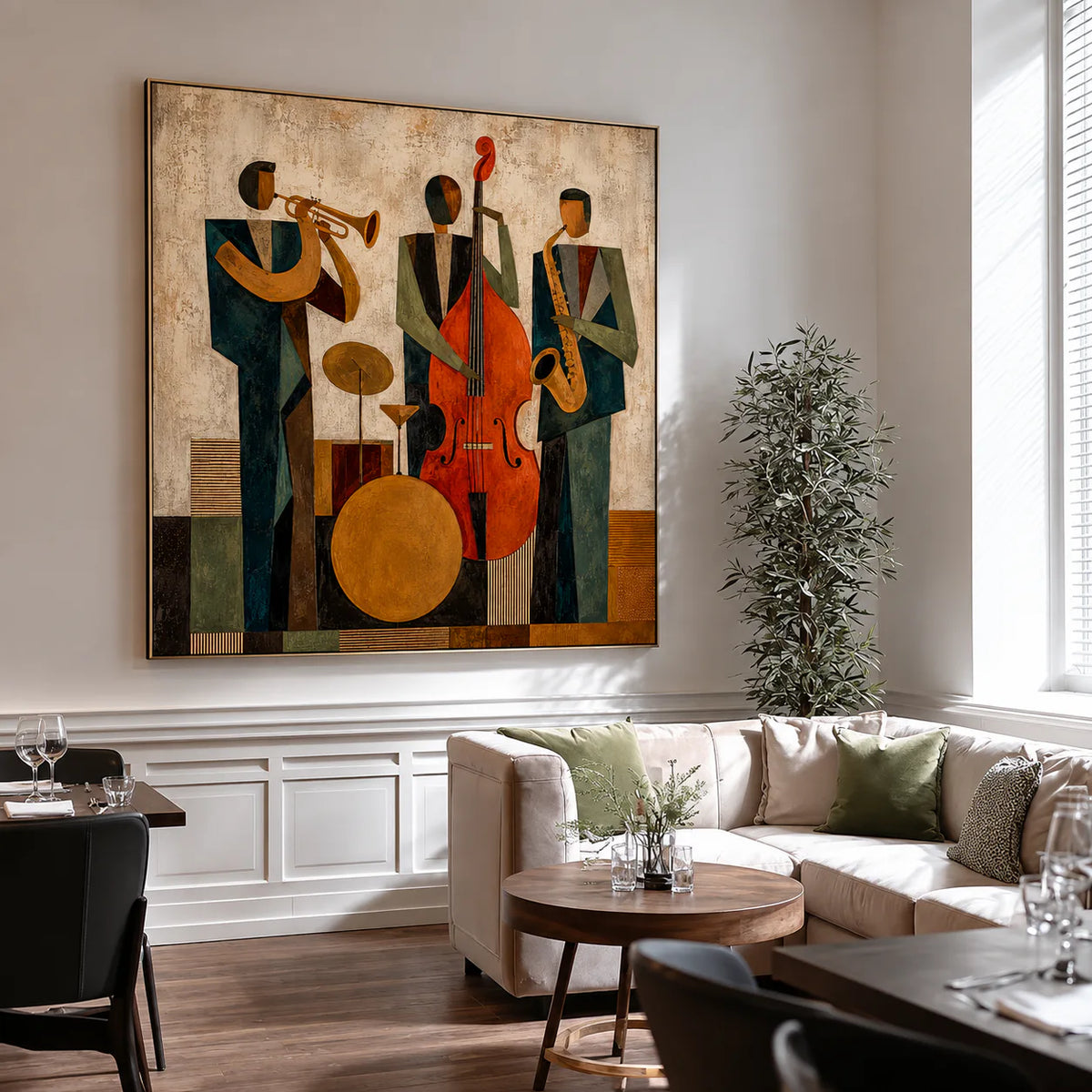 Modern Jazz Trio Cubist Wall Art styled interior scene 1 | Olyrel
