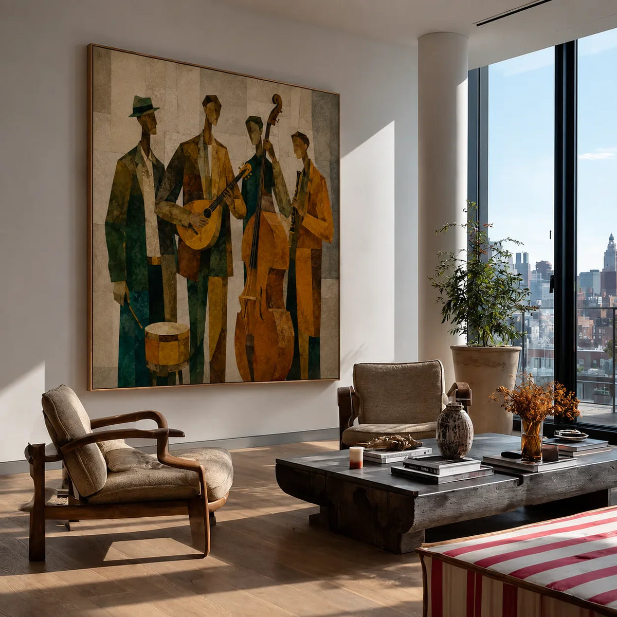 Golden Jazz Quartet Cubist Wall Art styled interior scene 1 | Olyrel