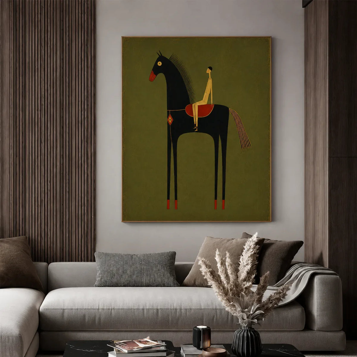 Olive Rider on Black Horse Wall Art styled interior scene 2 | Olyrel