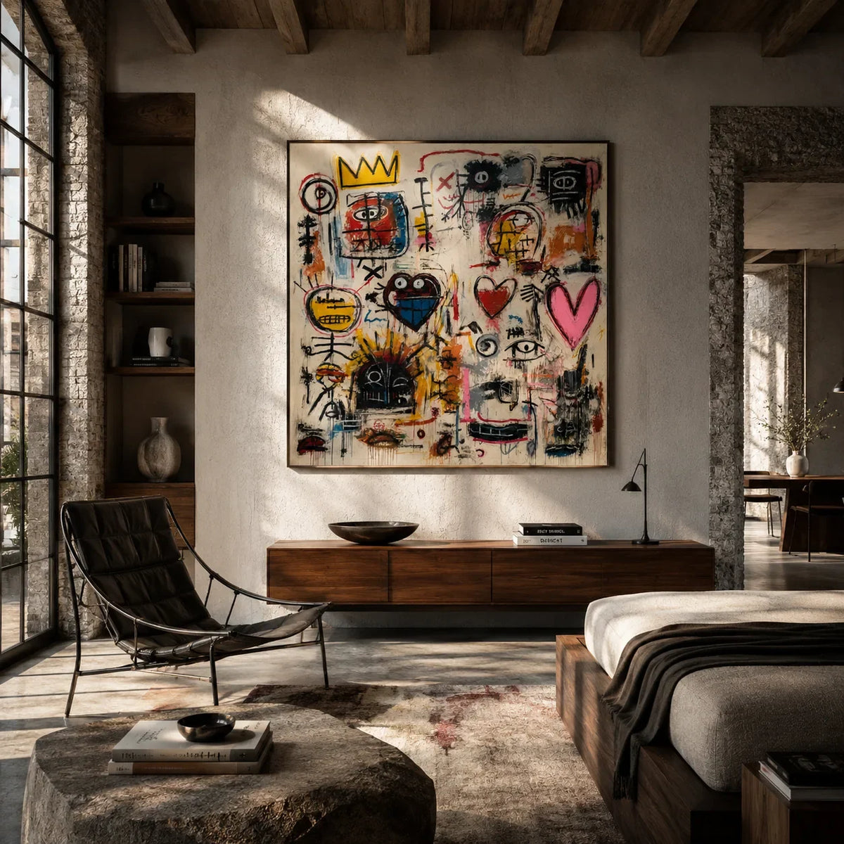 Crowned Hearts Graffiti Wall Art displayed above a sofa in a neutral interior | Olyrel
