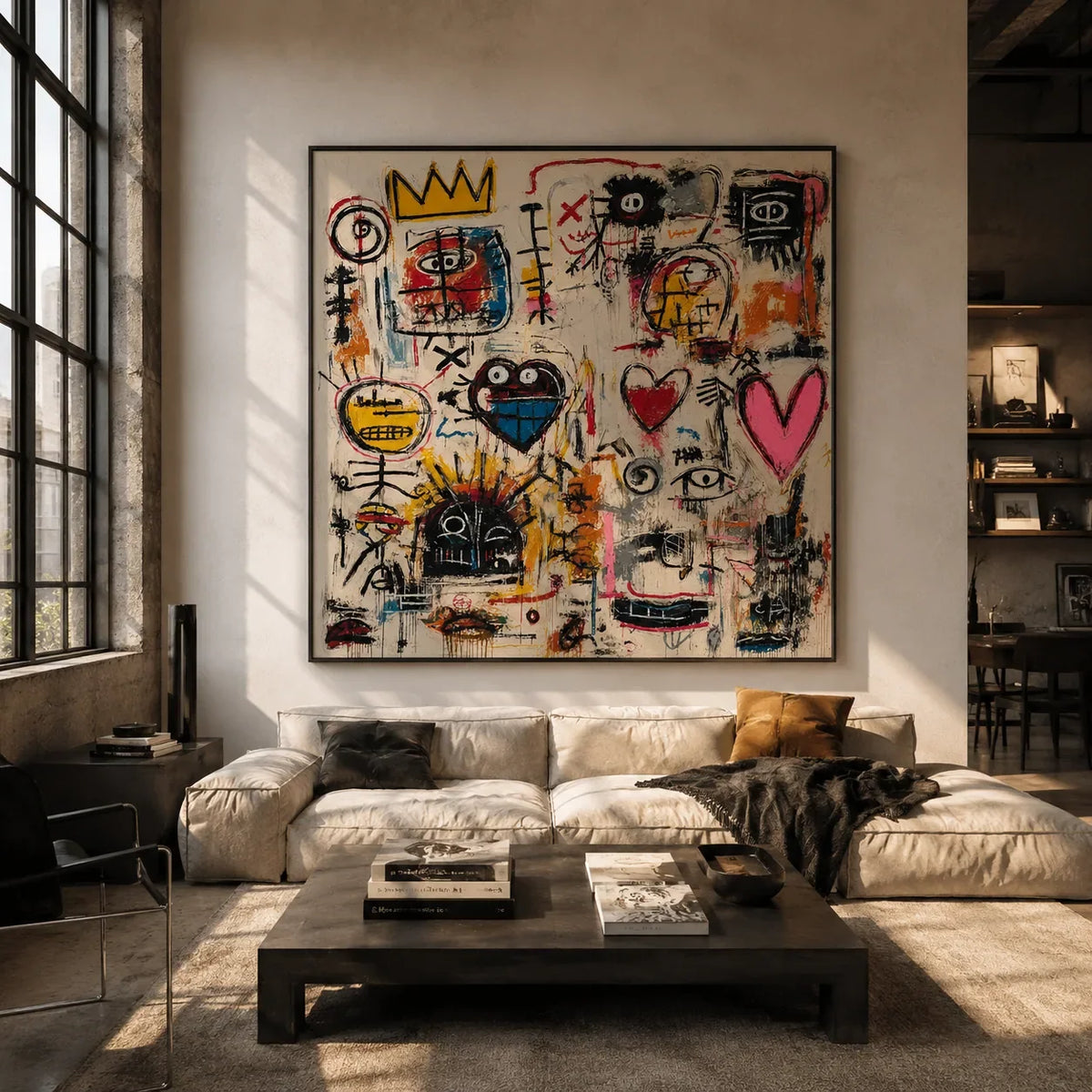 Crowned Hearts Graffiti Wall Art shown in a calm bedroom setting | Olyrel