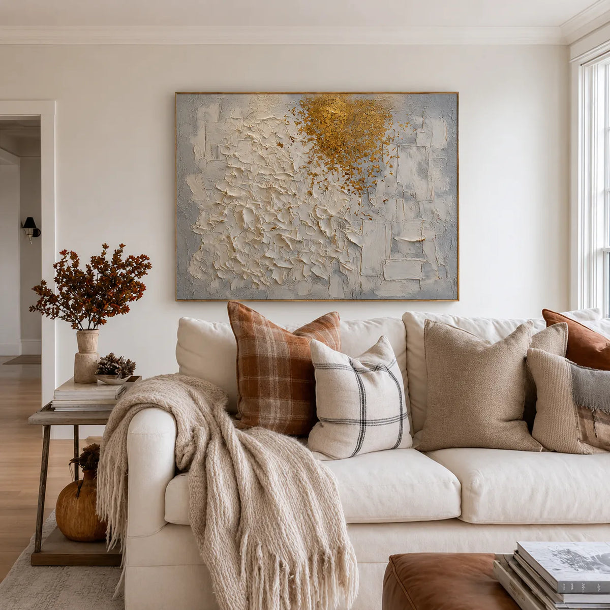 Golden Drift White Textured Wall Art styled interior scene 2 | Olyrel