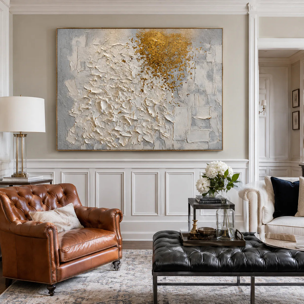 Golden Drift White Textured Wall Art styled interior scene 3 | Olyrel